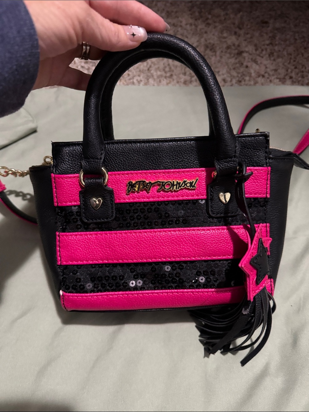 Betsey Johnson Black and Hot Pink Sequin Stripe Mini Satchel